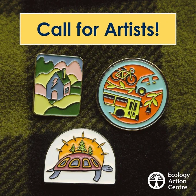 ID: Three colourful enamel pins sitting on a green plaid fleece: one depicting vehicles, the second depicting a house, and the third depicting a turtle with trees on its shell. A yellow text box with white text reads: “Call for Artists!”