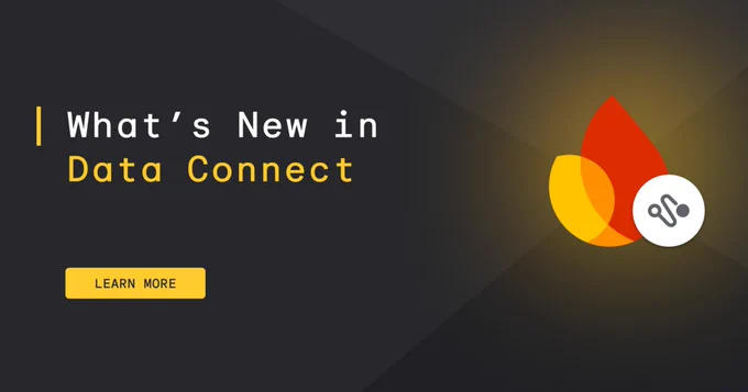 Dark gray banner with the text "What's New in Data Connect" in white and yellow. A yellow and red flame-like logo with a small grey data connection icon is featured on the right. A yellow "Learn More" button is present at the bottom.