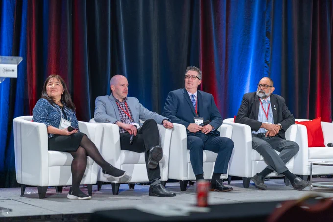Pictures of 3 clinical trials training platforms leaders (CANTAPTALENT, Strokecog, CBITN) and of ACT all sitting on the stage during the opening plenary of the 2025 Clinical Trials Training Summit. Pictured are: Angela Cheung, Simon Bacon, Farrell Leibovitch, Shrikant Bangdiwala. 