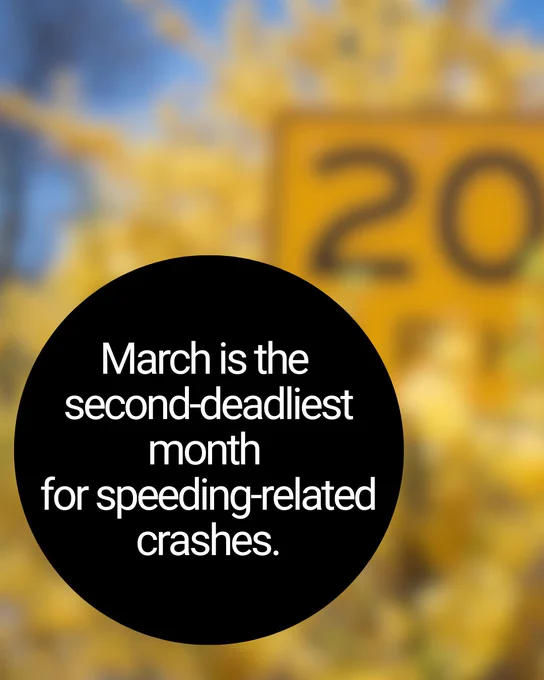 Graphic with text stating "March is the second deadliest month for speeding-related crashes," over a blurred background featuring a speed limit sign.