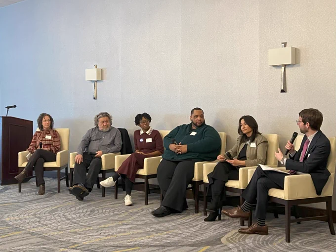 Three photographs of panelists of varying races and genders seated in white chairs inside a room with patterned carpets, beige walls, wall sconces, and large chandeliers. People sit at long and circular tables facing the panel.