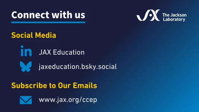 Dark to light blue graphic with white text reads, "Connect with us | JAX | Social Media | LinkedIn: JAX Education | BlueSky: jaxeducation.bsky.social | Subscribe to Our Emails | www.jax.org/ccep."