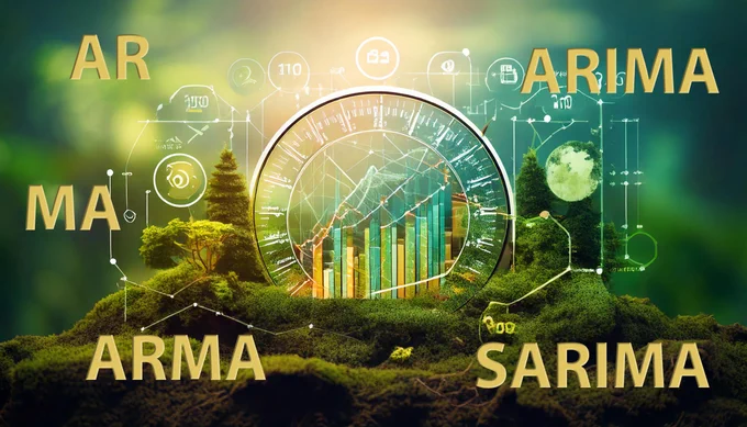 A green landscape representing climate covered with symbols, graphs, and a clock. (Photo Credit: Adobe Firefly, modified by the Army Geospatial Center)