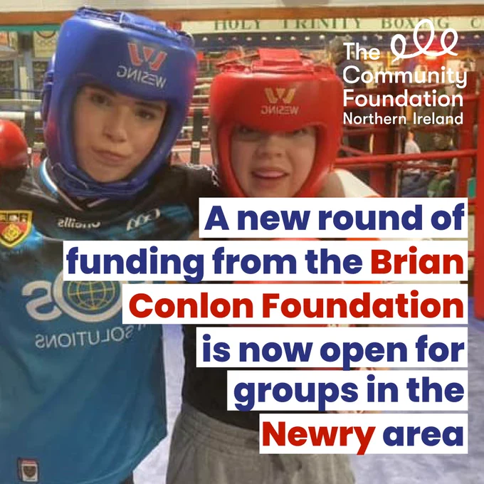 Text: A new round of funding from the Brian Conlon Foundation is now open for groups in the Newry Area

Image: Young boxers posing for a picture at holy trinity boxing club