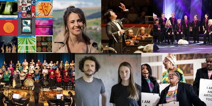 Clockwise: NMC Recordings, composer Katherine Balch, conductor Kazuki Yamada, Open Arts Community Choir, Streetwise Opera’s Re:Discover Festival, GBSR Duo, The Cumnock Tryst