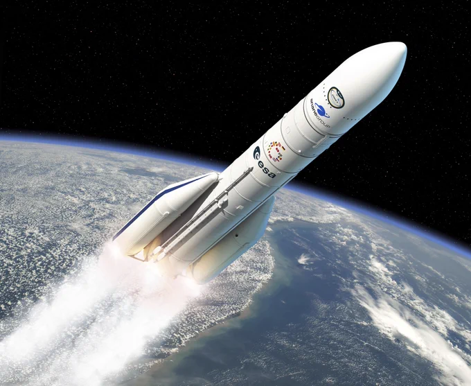 Artist's view of an Ariane 6 flying into space over Earth. This image depicts the Ariane 6 with two boosters, known as Ariane 62. 