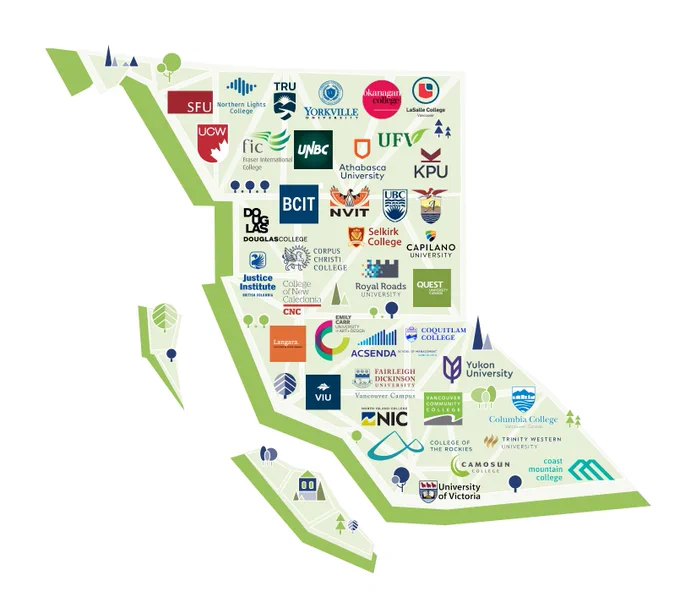 BC provincial map showing BC's post-secondary transfer institutions.