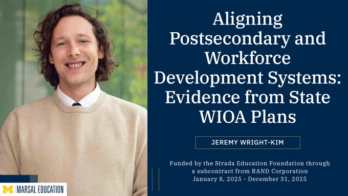 Promotional graphic for a grant relating to a project titled 'Aligning Postsecondary and Workforce Development Systems: Evidence from State WIOA Plans' by Jeremy Wright-Kim, above dates January 8, 2025 - December 31, 2025. Features Wright-Kim smiling in a beige sweater, standing in front of a blue background.