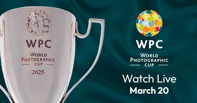 Promotional image for the World Photographic Cup 2025, featuring a trophy and the event logo, with a text overlay announcing 'Watch Live March 20' on a teal background.