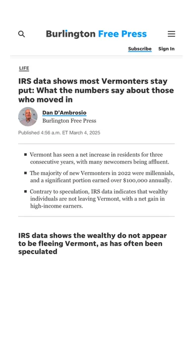 Screen shot of a news story from the Burlington Free Press about a report from the Public Assets Institute on Migration to and from Vermont during the pandemic. 