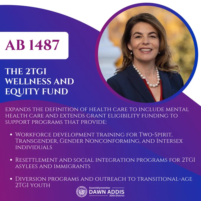 Photo of Assembly Addis with purple and blue background with text: AB 1487
THE 2TGI
WELLNESS AND EQUITY FUND
EXPANDS THE DEFINITION OF HEALTH CARE TO INCLUDE MENTAL HEALTH CARE AND EXTENDS GRANT ELIGIBILITY FUNDING TO SUPPORT PROGRAMS THAT PROVIDE:
• WORKFORCE DEVELOPMENT TRAINING FOR TWO-SPIRIT, TRANSGENDER, GENDER NONCONFORMING, AND INTERSEX INDIVIDUALS
• RESETTLEMENT AND SOCIAL INTEGRATION PROGRAMS FOR 2TGI ASYLEES AND IMMIGRANTS
• DIVERSION PROGRAMS AND OUTREACH TO TRANSITIONAL-AGE
2TGI YOUTH