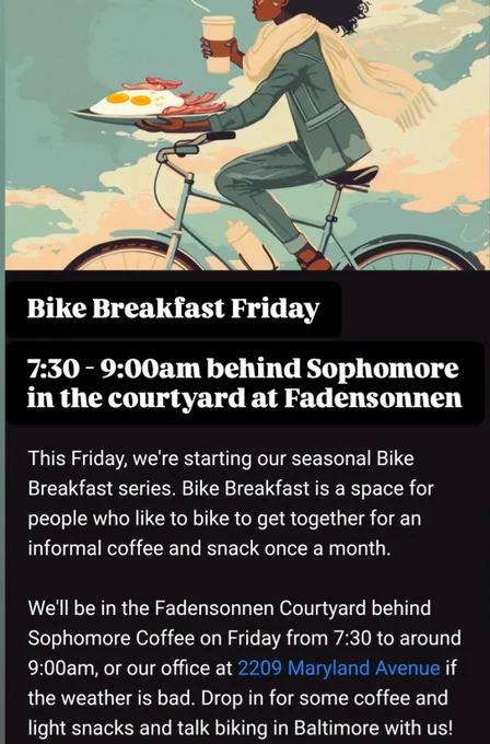 an image of a woman riding a bicycle with no hands carrying a coffee and plate of breakfast over top of the text in the tweet. 