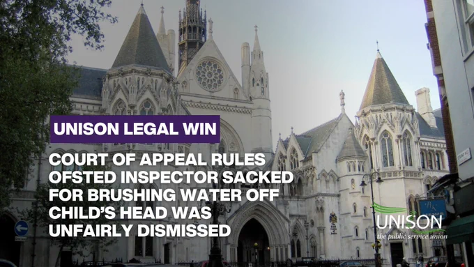 Exterior of the UK Court of Appeal, London. Court of Appeal rules Ofsted inspector sacked for brushing water off child’s head was unfairly dismissed