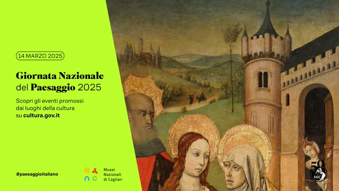 dettaglio della tavola centrale di un retablo in cui si vede un paesaggio di colline con poche macchie di alberi un castello e un altro castello è in primo piano