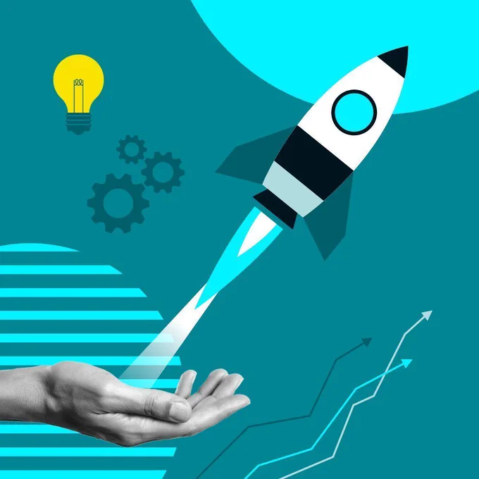 An open palm with a launching rocket, surrounded by symbols such as light bulbs and gears