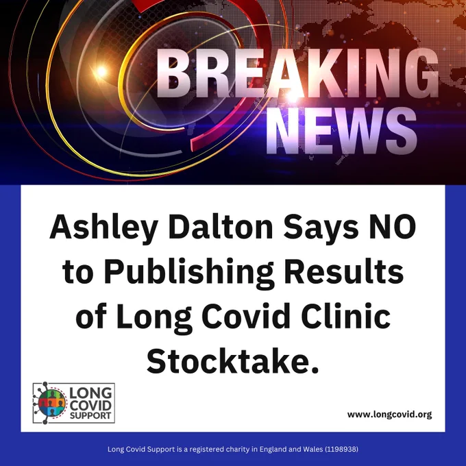 Image with the words Breaking News at the top, with a gold and red circle and a spotlight. Below that is a blue background with a white rectangle on it that contains black text saying Ashley Dalton Says NO to Publishing Results of Long Covid Clinic Stocktake. In the bottom left corner is the Long Covid Support logo and in the bottom right is our website address www.longcovid.org. Across the very bottom in white it reads Long Covid Support is a registered charity in England and Wales 1198938.