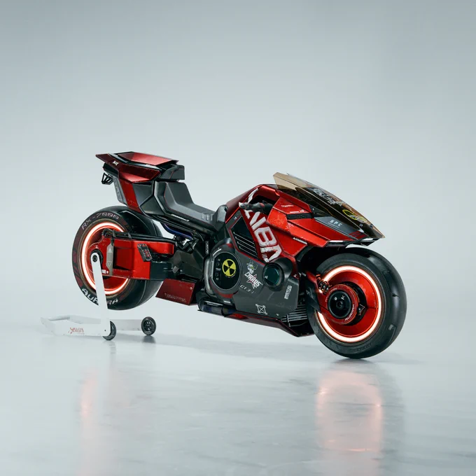 A minimalistic screenshot from Cyberpunk 2077 showing a red and graffitied Yaiba Kusanagi motorcycle against a grey background.