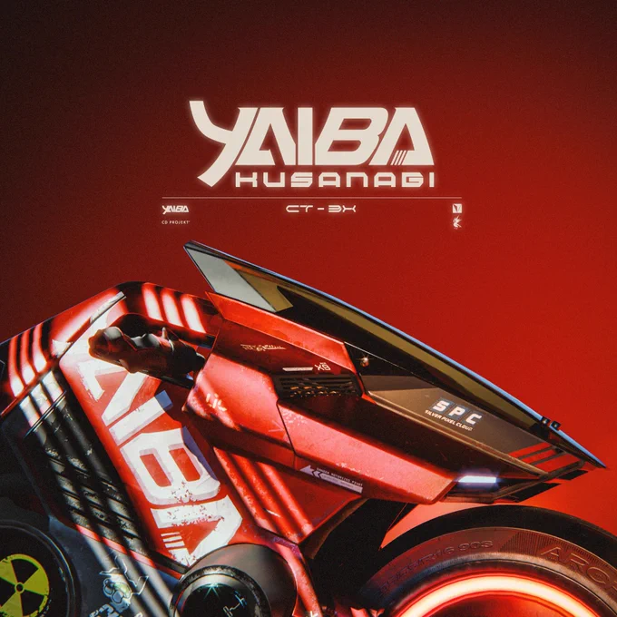 A close-up view of a Yaiba Kusanagi motorcycle from Cyberpunk 2077. The sleek red chassis matches the background. The motorcycle’s name is written above.