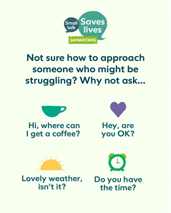 Graphic for Samaritans "Small Talk Saves Lives" campaign, featuring suggested conversation starters like "Hi, where can I get a coffee?", "Hey, OK?", "Lovely weather, isn't it?", and "Do you have the time?" with corresponding icons of a coffee cup, heart, sun, and clock.