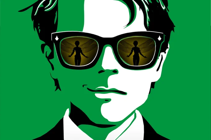 Artwork featuring a teenage boy wearing sunglasses that show the reflection of a fairy