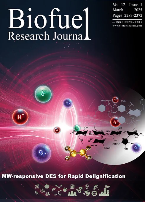 The cover art for Biofuel Research Journal Vol. 12, Issue 1, illustrates the innovative approach to sustainability in lignocellulosic biorefineries. Featuring a study on the optimization of microwave-responsive deep eutectic solvents (DES) for rapid delignification, the artwork symbolizes the cutting-edge technology driving the transition to greener, more efficient biorefinery processes. The image reflects the journal’s commitment to showcasing bio-based innovations that advance both environmental and economic sustainability.
