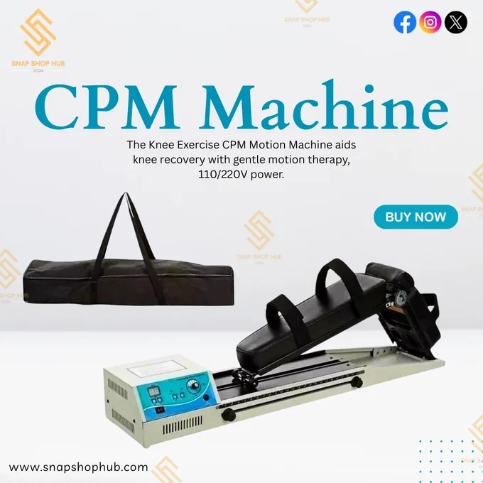 A sleek, modern CPM motion machine in a bright, clean room. The device is shown in action, with a knee comfortably strapped in, demonstrating the gentle, continuous movement. The control panel is clearly visible, showcasing its easy-to-use features. Surrounding the machine are minimalistic icons highlighting key features such as "110/220V compatibility," "customizable settings," and "portable design."]

Revitalize your knee recovery journey with the latest in Continuous Passive Motion (CPM) Therapy. Our advanced machine provides gentle, continuous movement to your knee joint, aiding in post-surgery rehabilitation, injury recovery, and reducing joint stiffness. Compatible with 110/220V power supply, this user-friendly device features customizable settings for personalized comfort and a compact, portable design for convenient use at home or on the go. Elevate your recovery experience with Snap Shop Hub's Knee Exercise CPM Motion Machine.