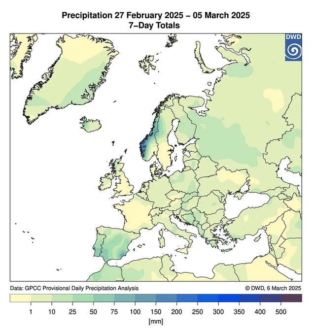 Europakarte der Wochen-Niederschlagssummen vom 27. Februar bis 5. März 2025. Über Westnorwegen fielen örtlich über 200 Millimeter, während es in Südostnorwegen und Südschweden im gleichen Zeitraum trocken blieb.