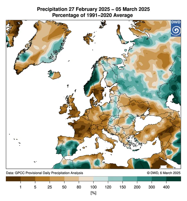 Europakarte der Wochen-Niederschlagssummen in Prozent vom Klimamittel 1991-2020 vom 27. Februar bis 5. März 2025. Über weiten Teilen von Westnorwegen und Westschweden fiel mehr als das  Vierfache des Klimamittels 1991-2020.