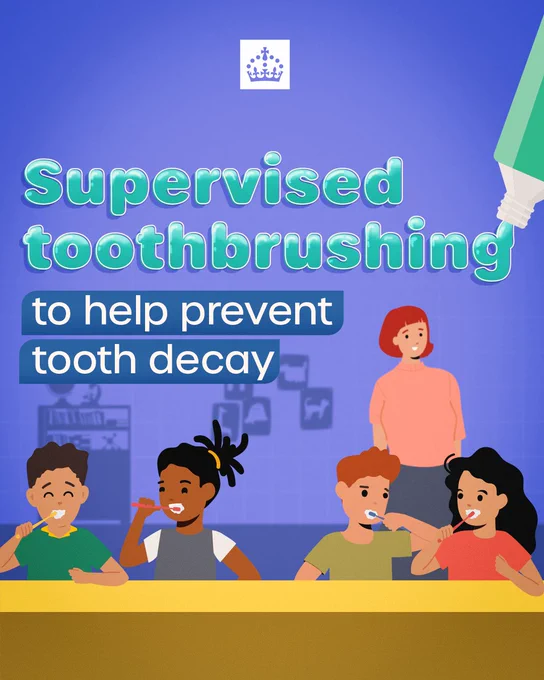A graphic with text that reads  'Supervised toothbrushing to help prevent tooth decay', featuring an adult supervising four children brushing their teeth in a classroom. 