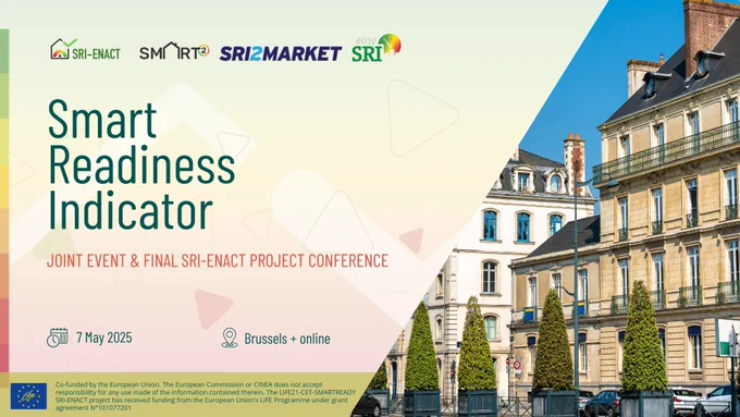 Logos of all participating partners on top and a photo of a city building on the right. Text reads: Smart Readiness Indicator, joint event and final SRI-enact project conference. 7 May 2025 in Brussels and online. 
