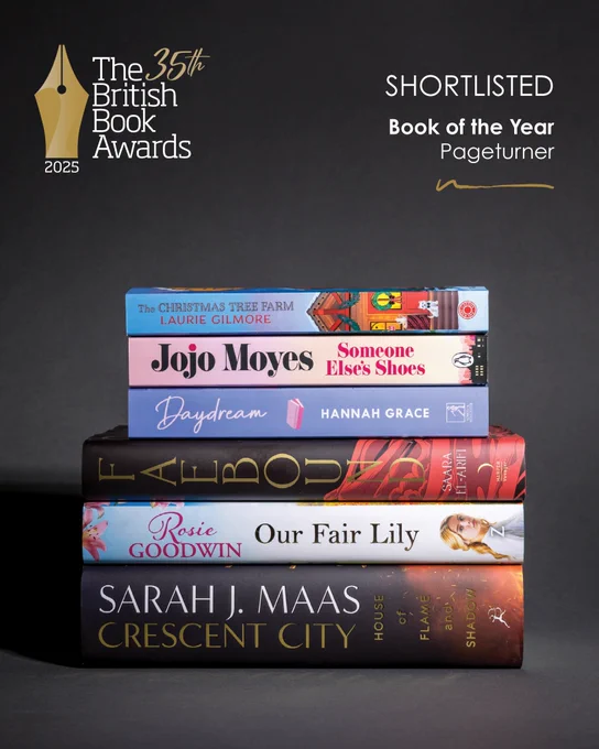 A stack of 6 shortlisted books on a gray background. The British Book Awards logo is in the top left corner and the copy reads: shortlisted book of the year pageturner