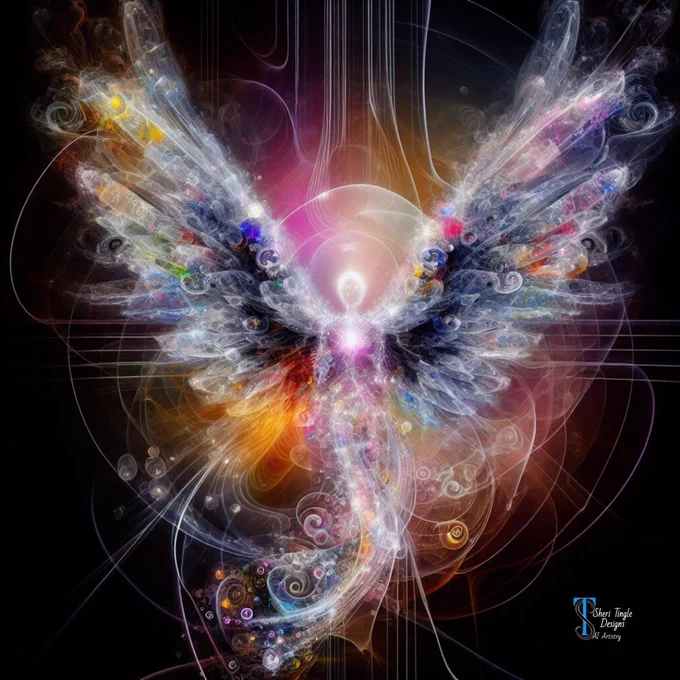 This abstract image looks like an angel with large wings and a small body. The wings are wispy and behind the angel there are geometric shapes.