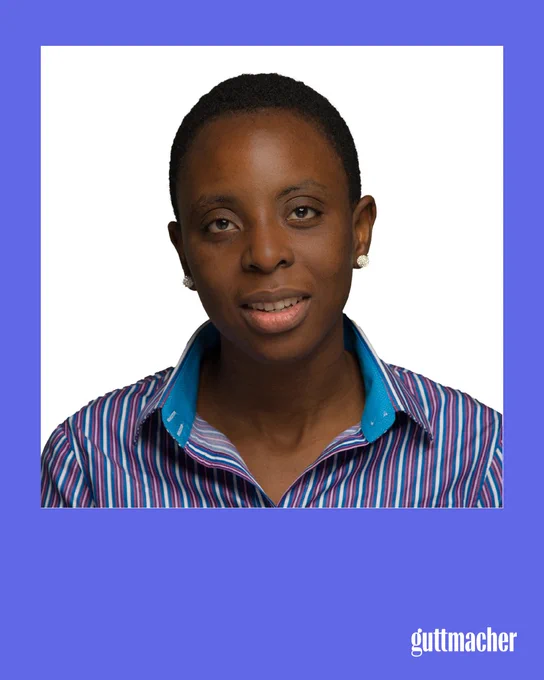 Portrait of Dr. Onikepe Owolabi wearing a striped shirt, set against a blue background, with the Guttmacher Institute logo at the bottom.
