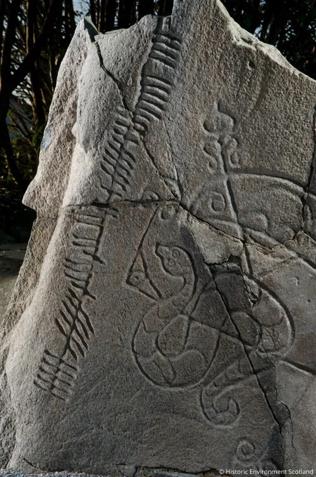 Photo of a large carved stone slab; decorated with a snake and other symbols, and notched lines along the edge