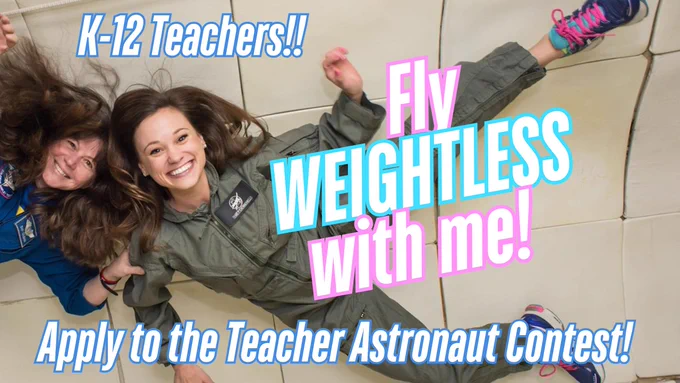 A photo of emiy floating weightless with the words "Fly weightless with me" "Apply to the teacher astronaut contest"