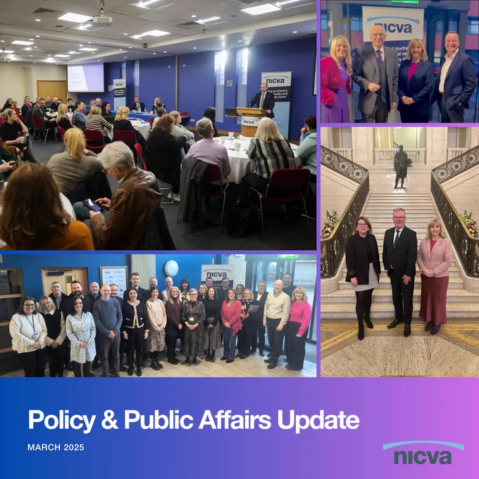 Photo collage showcasing NICVA's policy work over the past few months - from our APG event in NICVA with the Communities Minister speaking, to meeting Lord Carlile, Chair of the Northern Ireland Scrutiny Committee, to the Joint Forum new members and meeting the Health Minister re core funding.