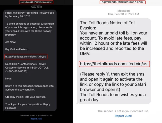 Two smartphone screenshots showing spoofed messages from tollway services about unpaid toll fees with instructions on how to pay online.
