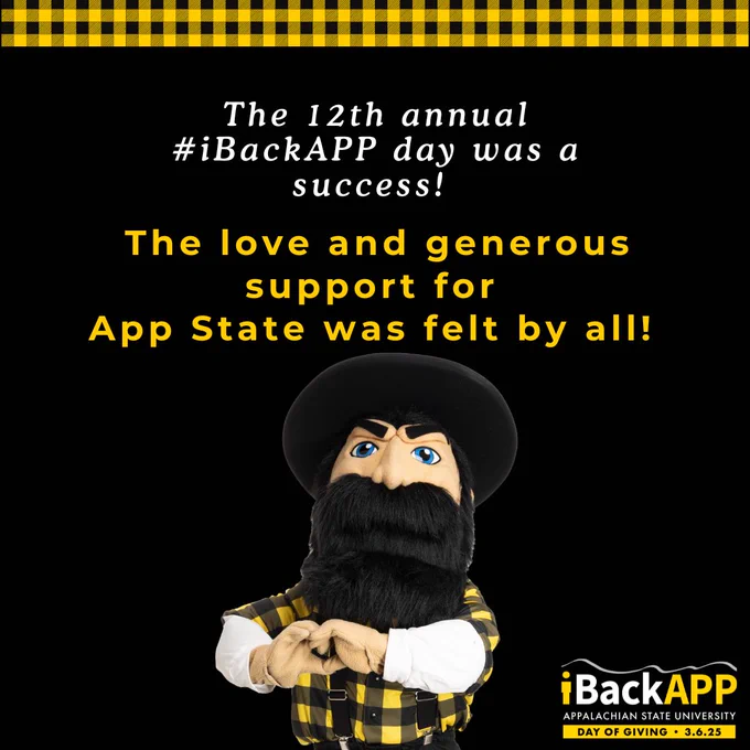 Promotional image for the 12th annual iBackAPP day featuring the App State mascot, Yosef, with text celebrating a successful event and appreciation for support.