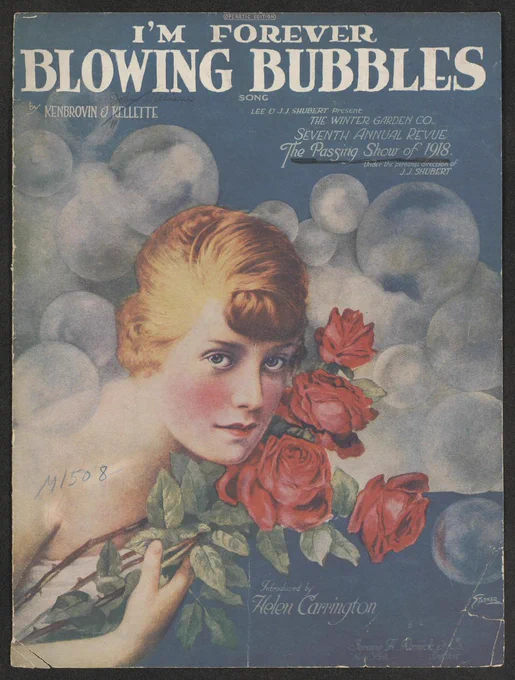 A painting of a rosy-cheeked blond woman holding a bouquet of red roses, with bubbles floating all around her.