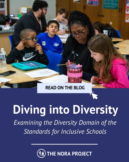 A image of a teacher helping a student at her desk in a classroom with other students in the background takes up the upper half of a navy blue graphic with white text. It reads 'Diving into Diversity Examining the Diversity Domain of the Standards for Inclusive Schools' with The Nora Project's white logo at the bottom. A button in the center has a curser icon "clicking" the button that reads 'Read on the blog.'