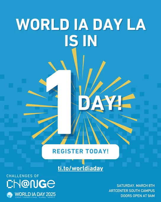 
Blue graphic announcing World IA Day LA is in 1 day! with a large number 1. Includes Register Today! button and link ti.to/worldiaday. Bottom text mentions Challenges of Change and event details for March 8th.