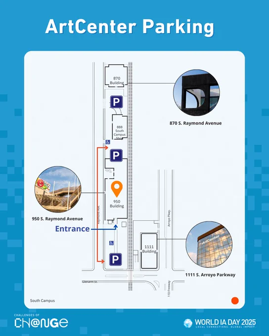 
Map showing parking locations for ArtCenter. Includes three labeled buildings: 870 Building, 950 Building, and 1111 Building, each with parking areas marked by P symbols. Main entrance noted at 950 S. Raymond Avenue.