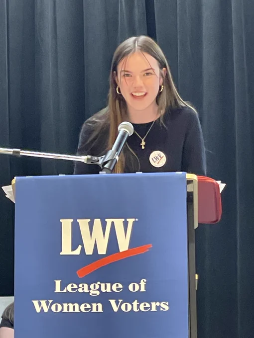 Student at  candidate forum in Webster Groves