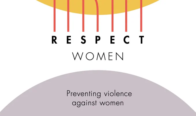 Yellow semi circle with red lines leading to words RESPECT women. Grey semi circle at bottom containing words preventing violence against women