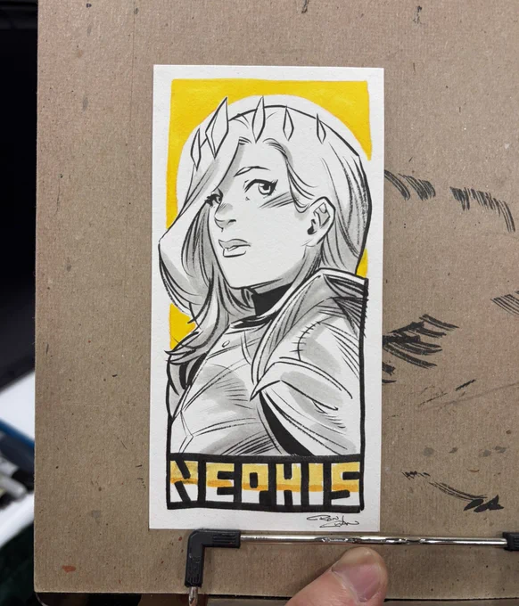 Photo of an ink and marker sketch. It's a light haired woman in plate mail and a pointy crown.