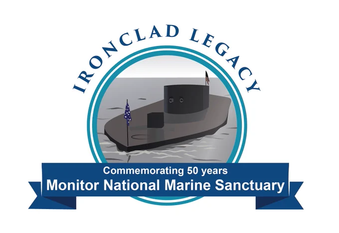50th Anniversary logo for Monitor National Marine Sanctuary. 

Graphic text: 
Ironclad Legacy
Commemorating 50 years
Monitor National Marine Sanctuary