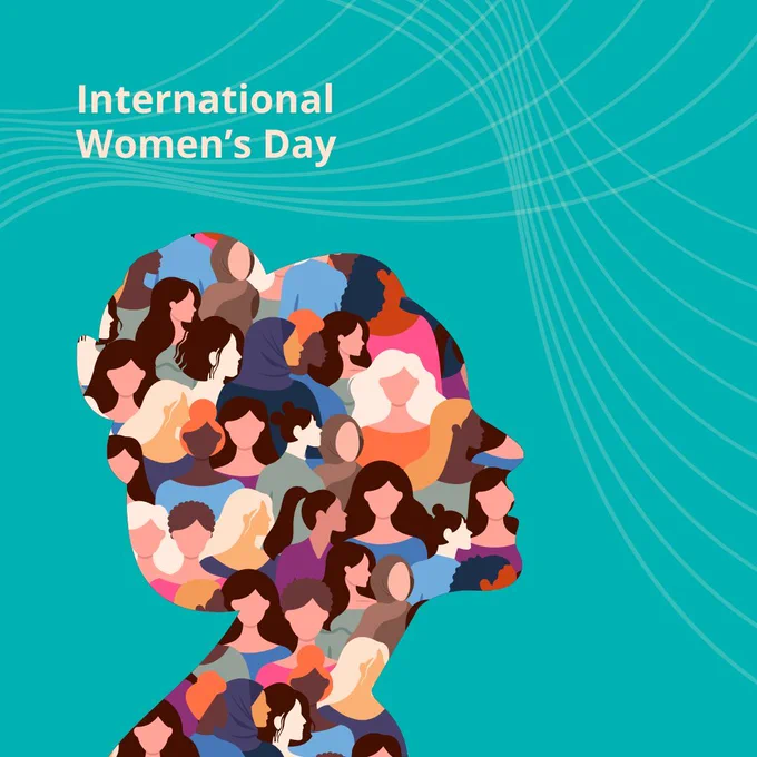 International Women's Day above an illustrated collage of women from all backgrounds and cultures.