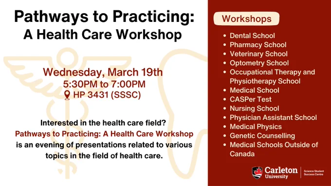 Post with text. Carleton University | Science Student Success Centre logo on top left corner. Text reads: Pathways to Practicing: A Health Care Workshop. Wednesday, March 19th, 5:30PM to 7:00PM. Location: HP 3431 (SSSC). Interested in the health care field? Pathways to Practicing: A Health Care Workshop is an evening of presentations related to various topics in the field of health care. Click the link in our bio to register and learn more! Workshops: Dental School, Pharmacy School, Veterinary School, Optometry School, Occupational Therapy and Physiotherapy School, Medical School, CASPer Test, Nursing School, Physician Assistant School, Medical Physics, Genetic Counselling, Medical Schools Outside of Canada. 