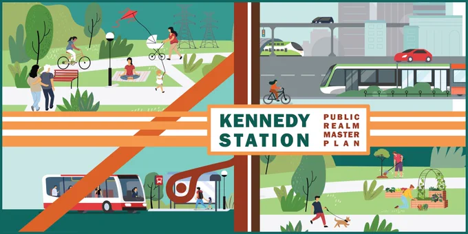 Graphic of people moving through and taking part in activities within the streetscapes, open and public spaces around Kennedy Station